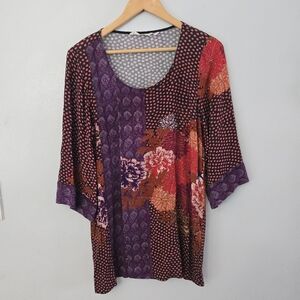 Soft Surroundings Dreaming Dahlia Floral 3/4 Sleeve Tunic Top Colorful Fall Sz S